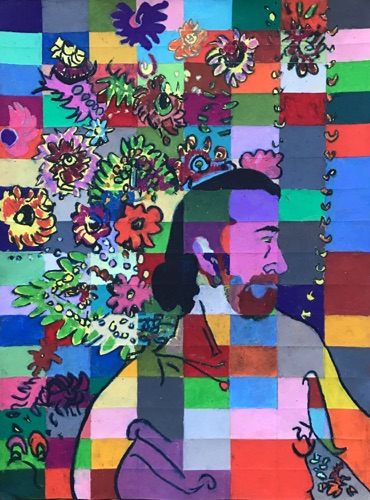 Samir with Flowers;
watercolor and oil pastel on paper; 24 x 18" Samir with Flowers;
watercolor and oil pastel on paper; 24 x 18"